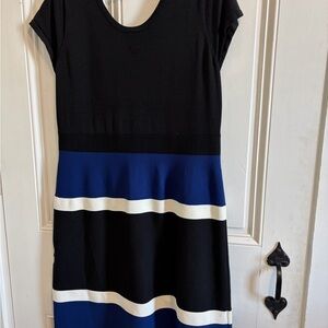 Anne Klein Black and Blue Striped Midi Dress
